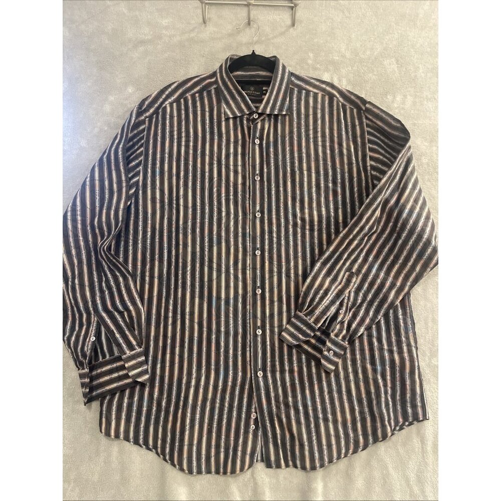 Bugatchi Uomo Shirt Multi-Color Striped Over Abstract Floral Men XXL Semi-Sheer